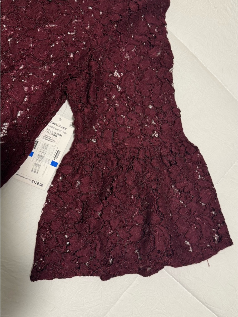 Karen Kane Burgundy Lace with Floral Embroidery Embellished Bell Sleeve Lace Top - Picture 16 of 16